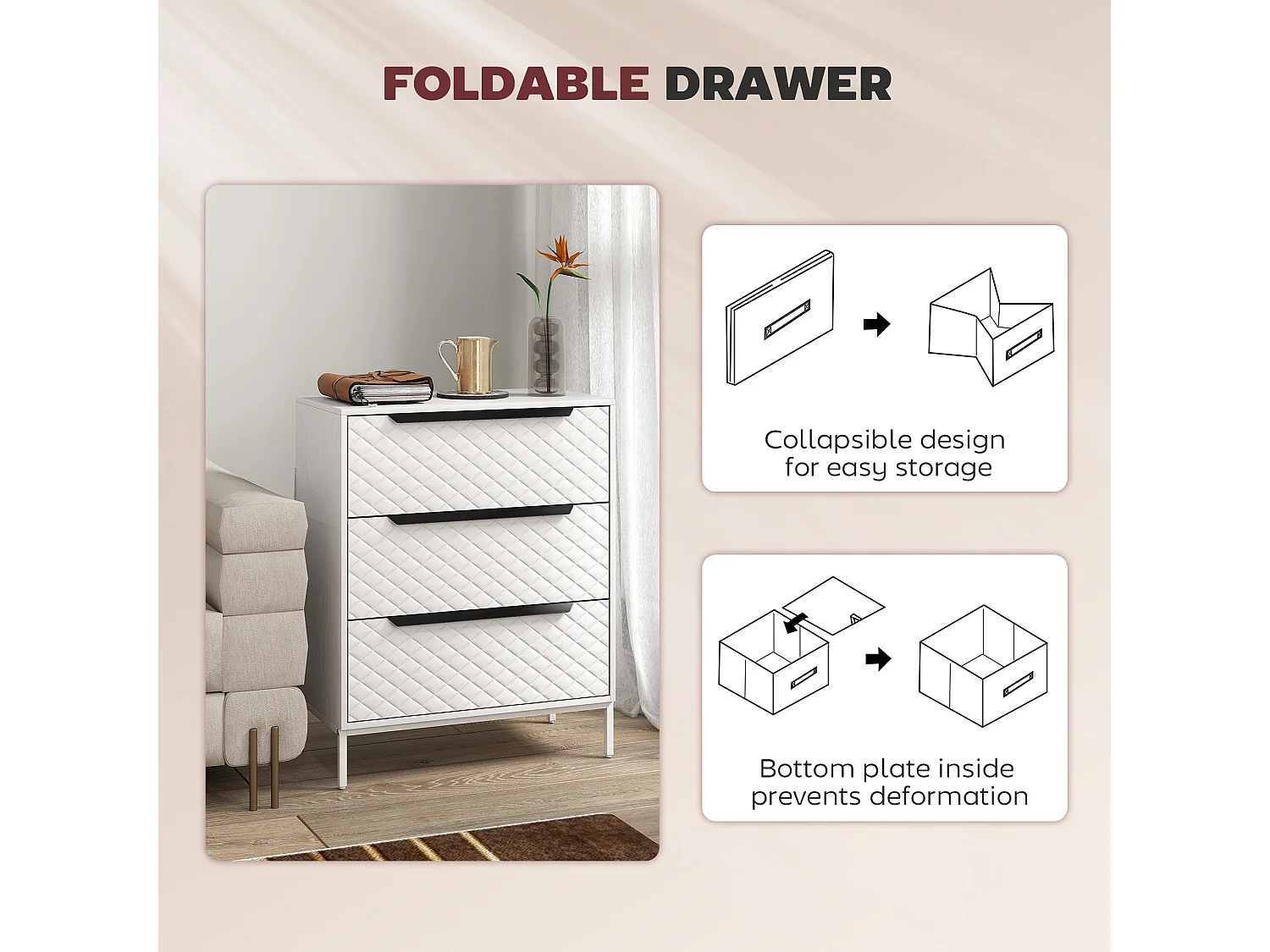 Kakara 3 Drawer Fabric Dresser White MDF Frame Metal Base Foldable Drawers