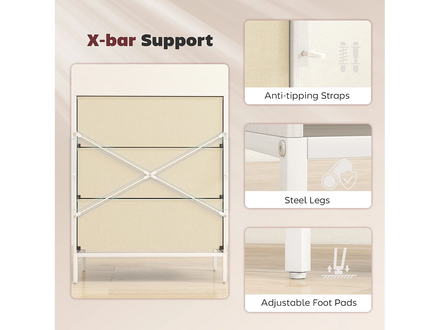 Kakara 3 Drawer Fabric Dresser White MDF Frame Metal Base Foldable Drawers