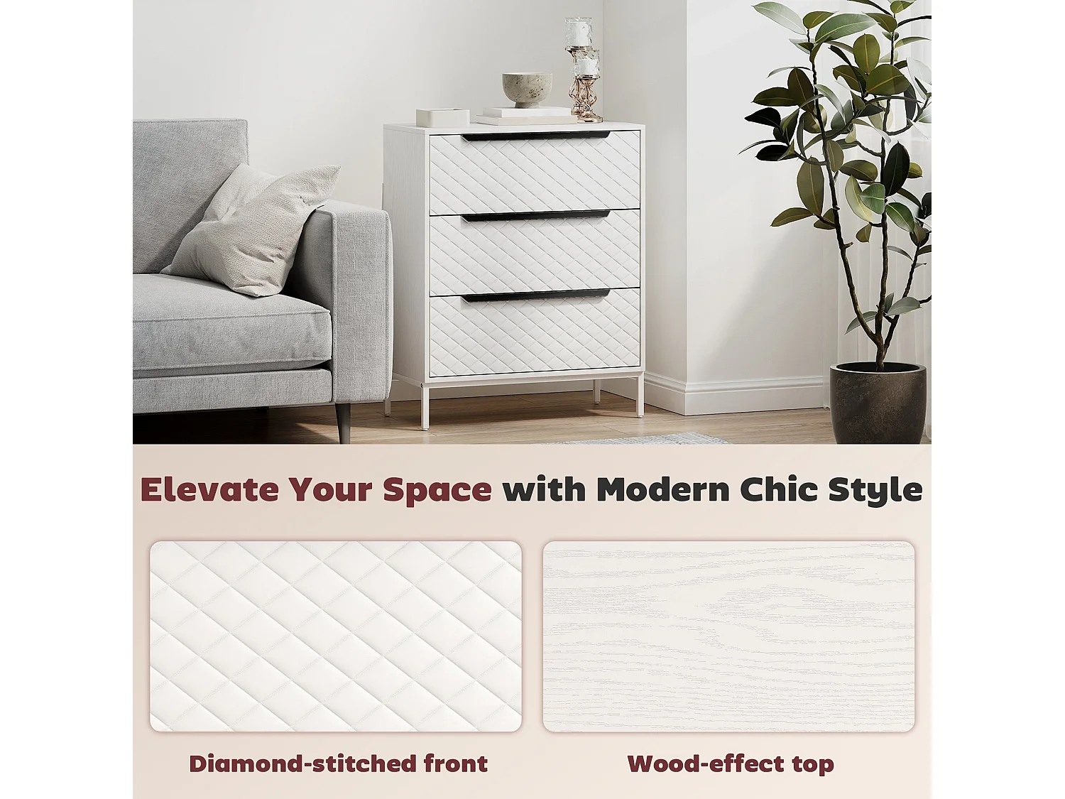 Kakara 3 Drawer Fabric Dresser White MDF Frame Metal Base Foldable Drawers