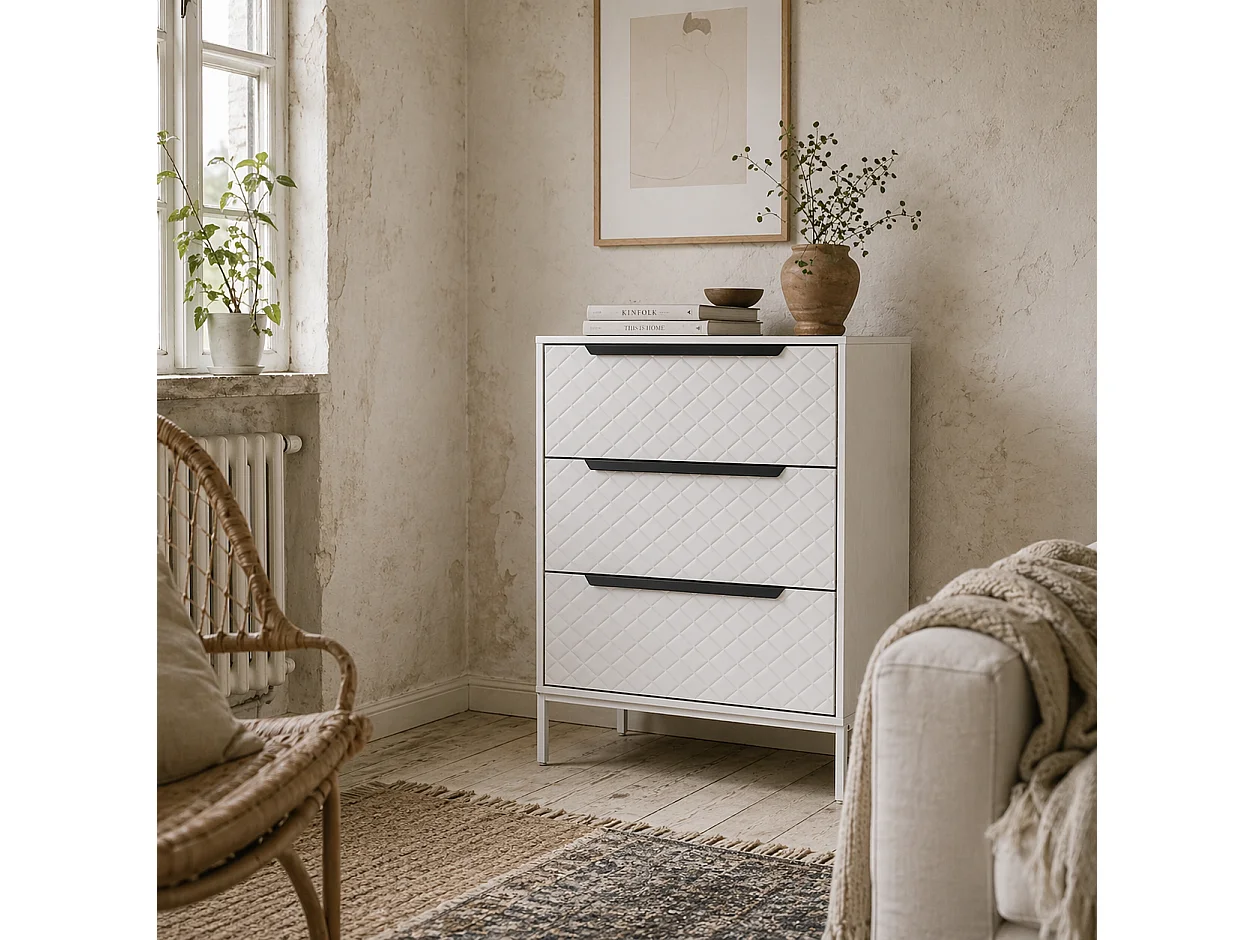Kakara 3 Drawer Fabric Dresser White MDF Frame Metal Base Foldable Drawers
