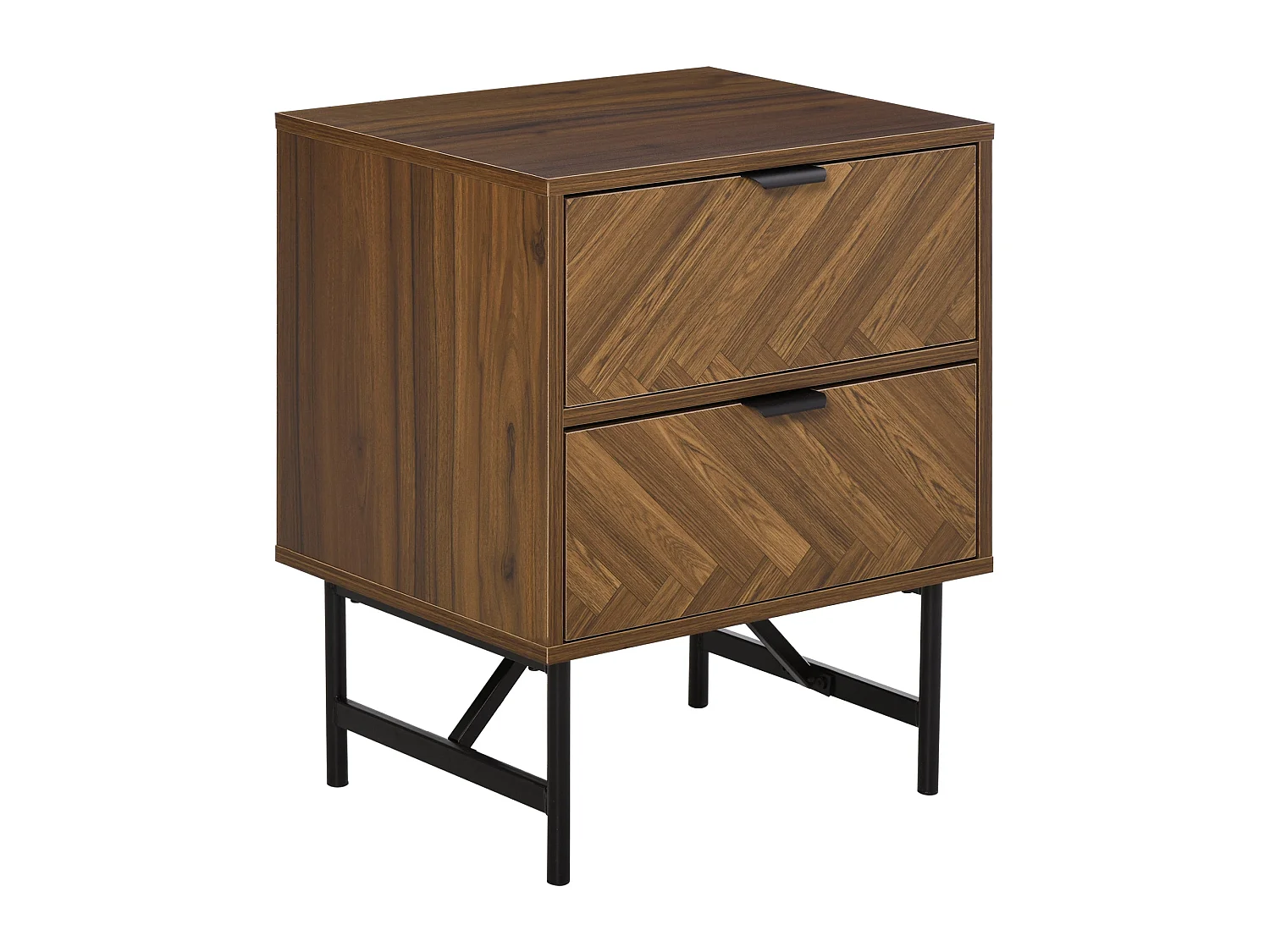 Lipana Walnut Brown 2 Drawer Bedside Table with Black Metal Base and Handles