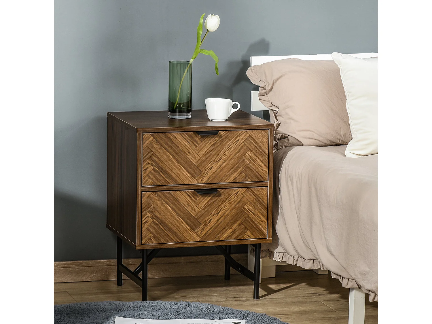 Lipana Walnut Brown 2 Drawer Bedside Table with Black Metal Base and Handles