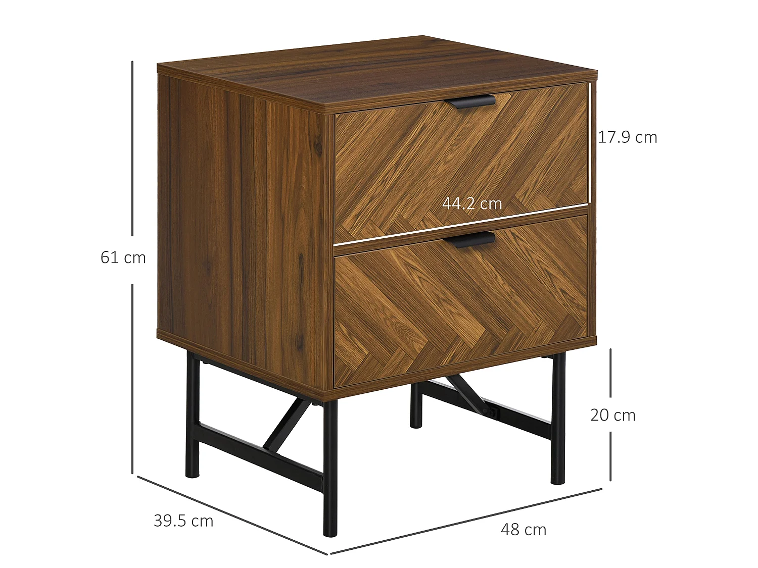 Lipana Walnut Brown 2 Drawer Bedside Table with Black Metal Base and Handles