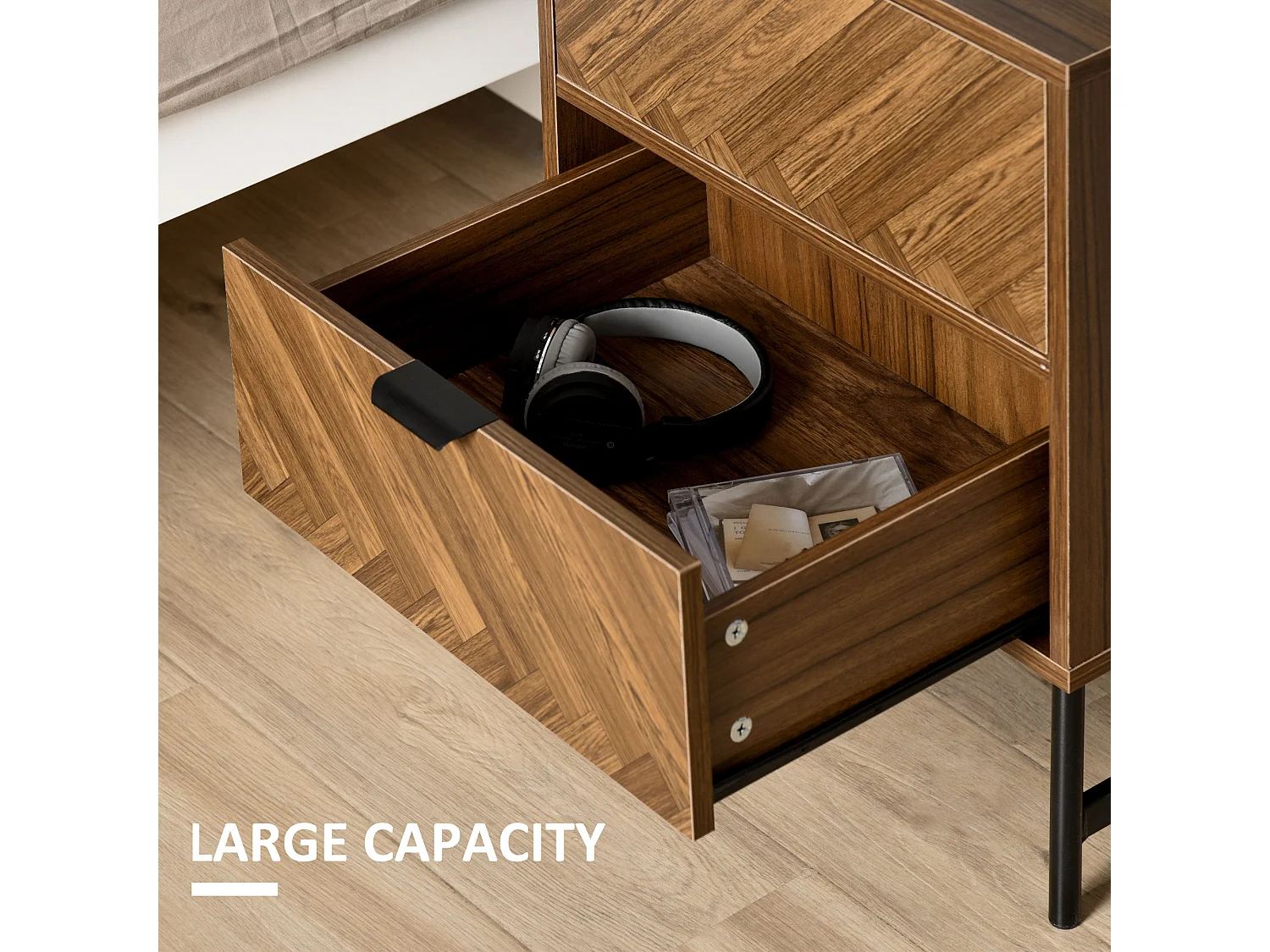 Lipana Walnut Brown 2 Drawer Bedside Table with Black Metal Base and Handles