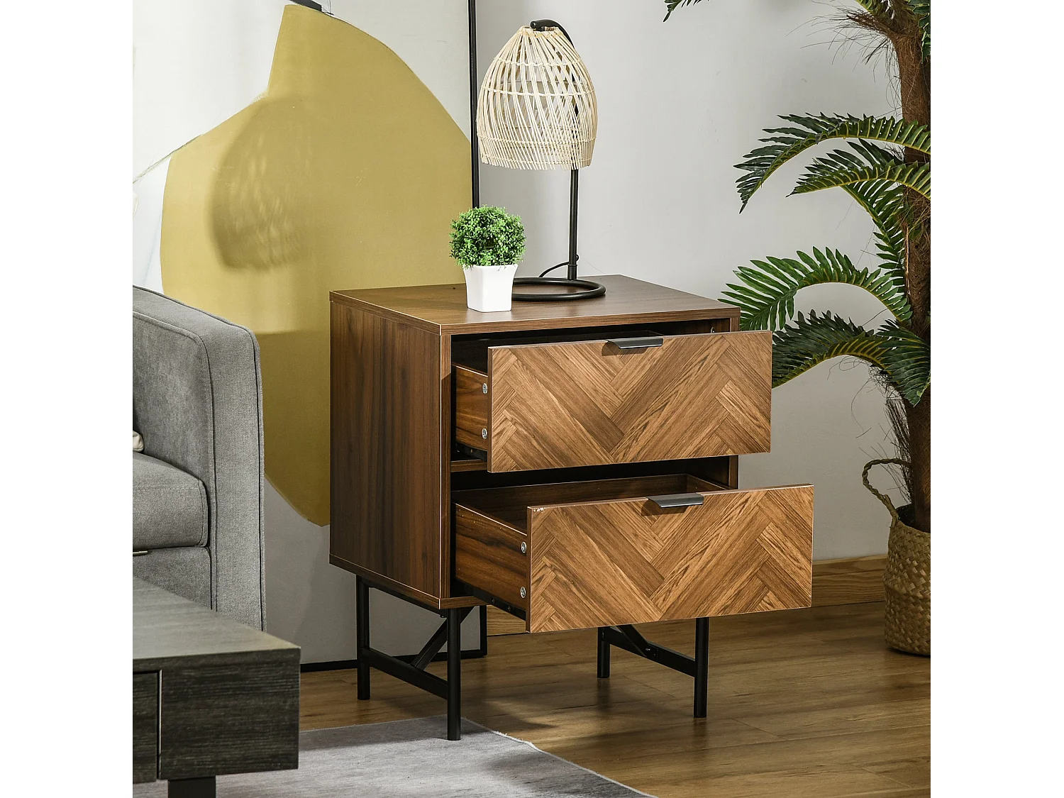 Lipana Walnut Brown 2 Drawer Bedside Table with Black Metal Base and Handles