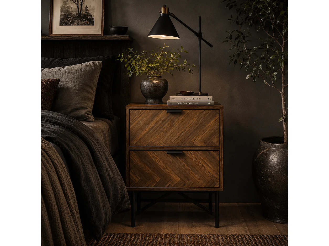 Lipana Walnut Brown 2 Drawer Bedside Table with Black Metal Base and Handles