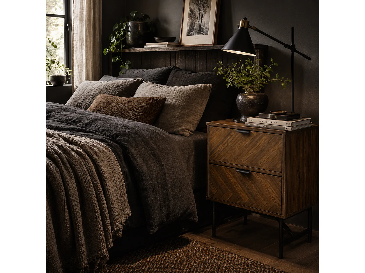 Lipana Walnut Brown 2 Drawer Bedside Table with Black Metal Base and Handles