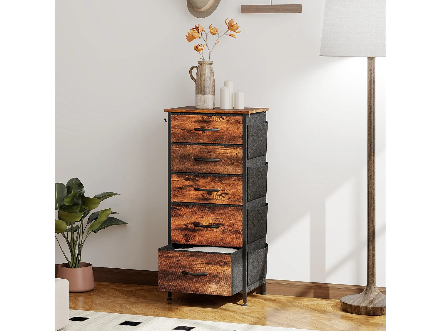 Kepa 5 Drawer Fabric and Metal Storage Chest Rustic Brown
