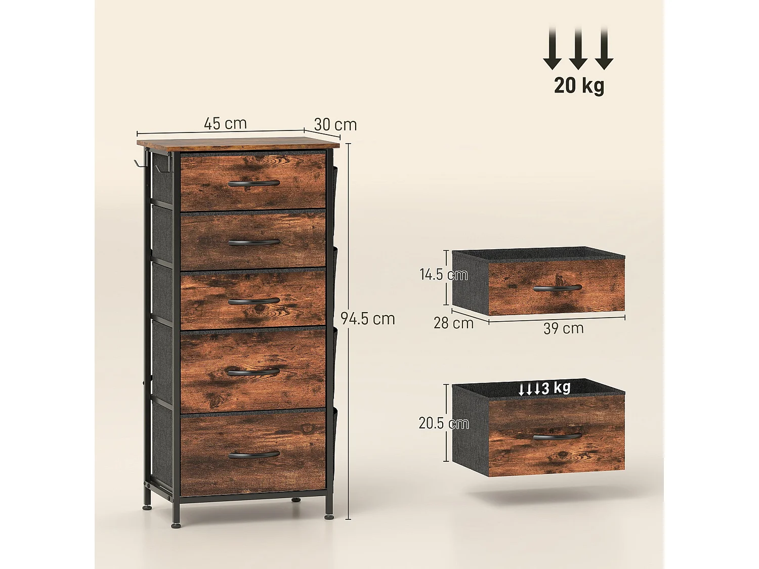 Kepa 5 Drawer Fabric and Metal Storage Chest Rustic Brown