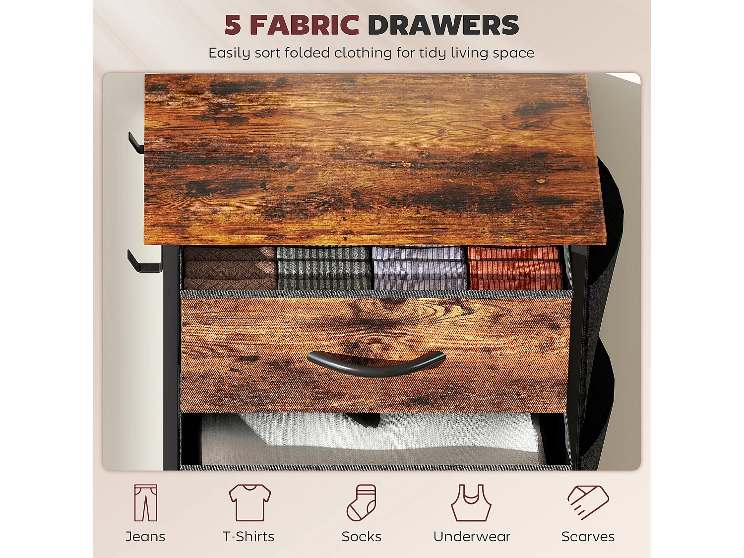 Kepa 5 Drawer Fabric and Metal Storage Chest Rustic Brown