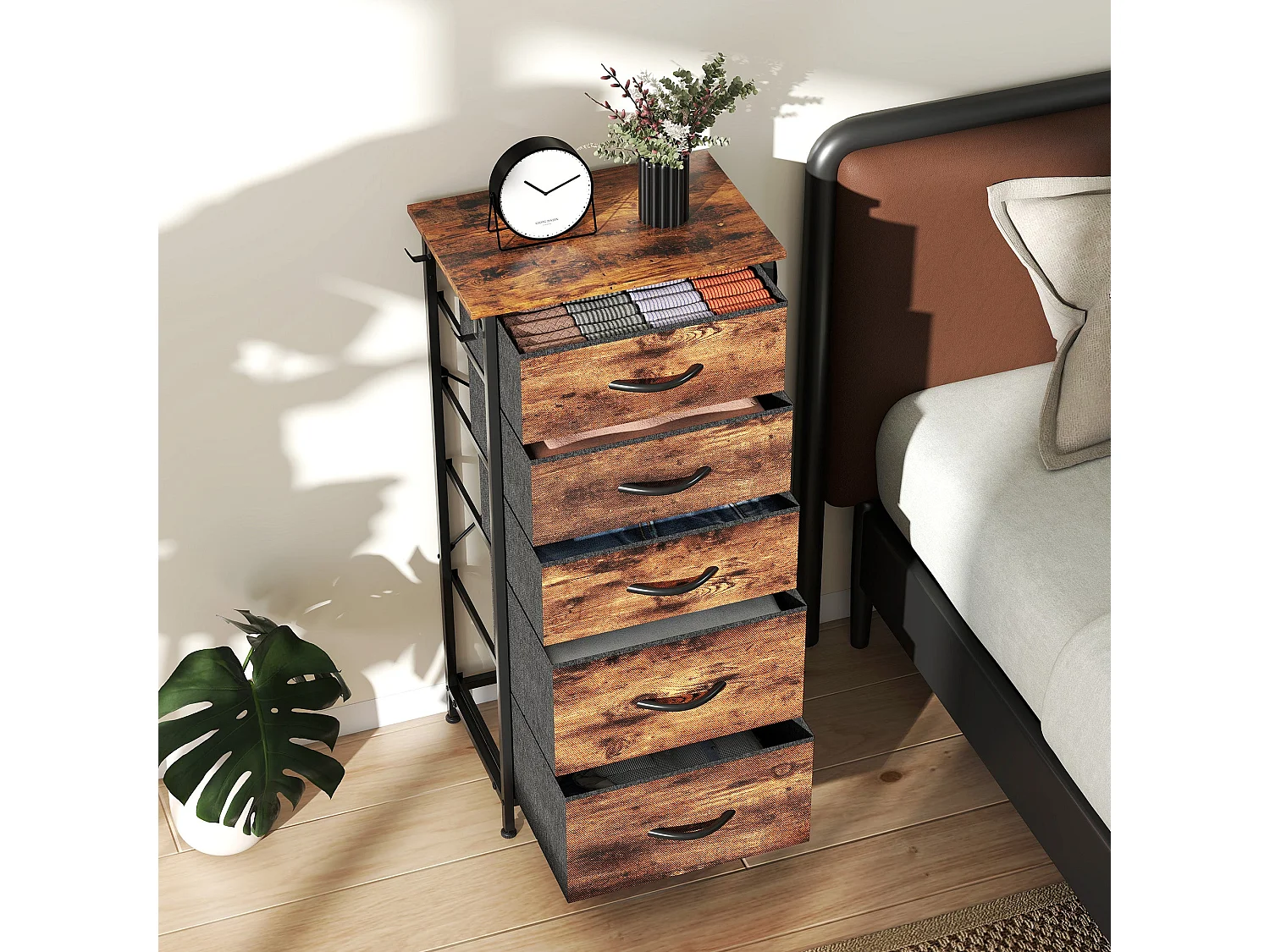 Kepa 5 Drawer Fabric and Metal Storage Chest Rustic Brown