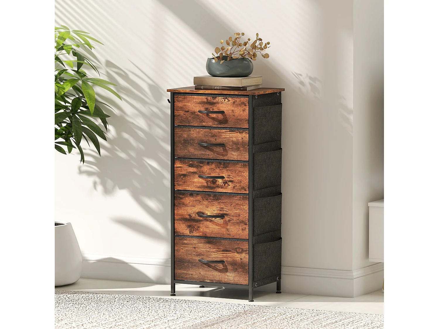 Kepa 5 Drawer Fabric and Metal Storage Chest Rustic Brown