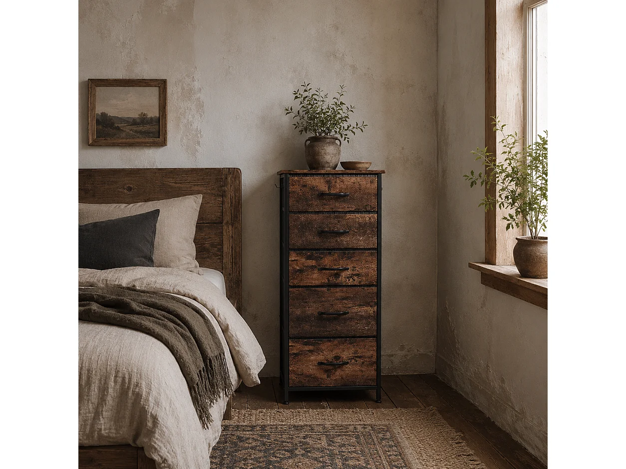 Kepa 5 Drawer Fabric and Metal Storage Chest Rustic Brown