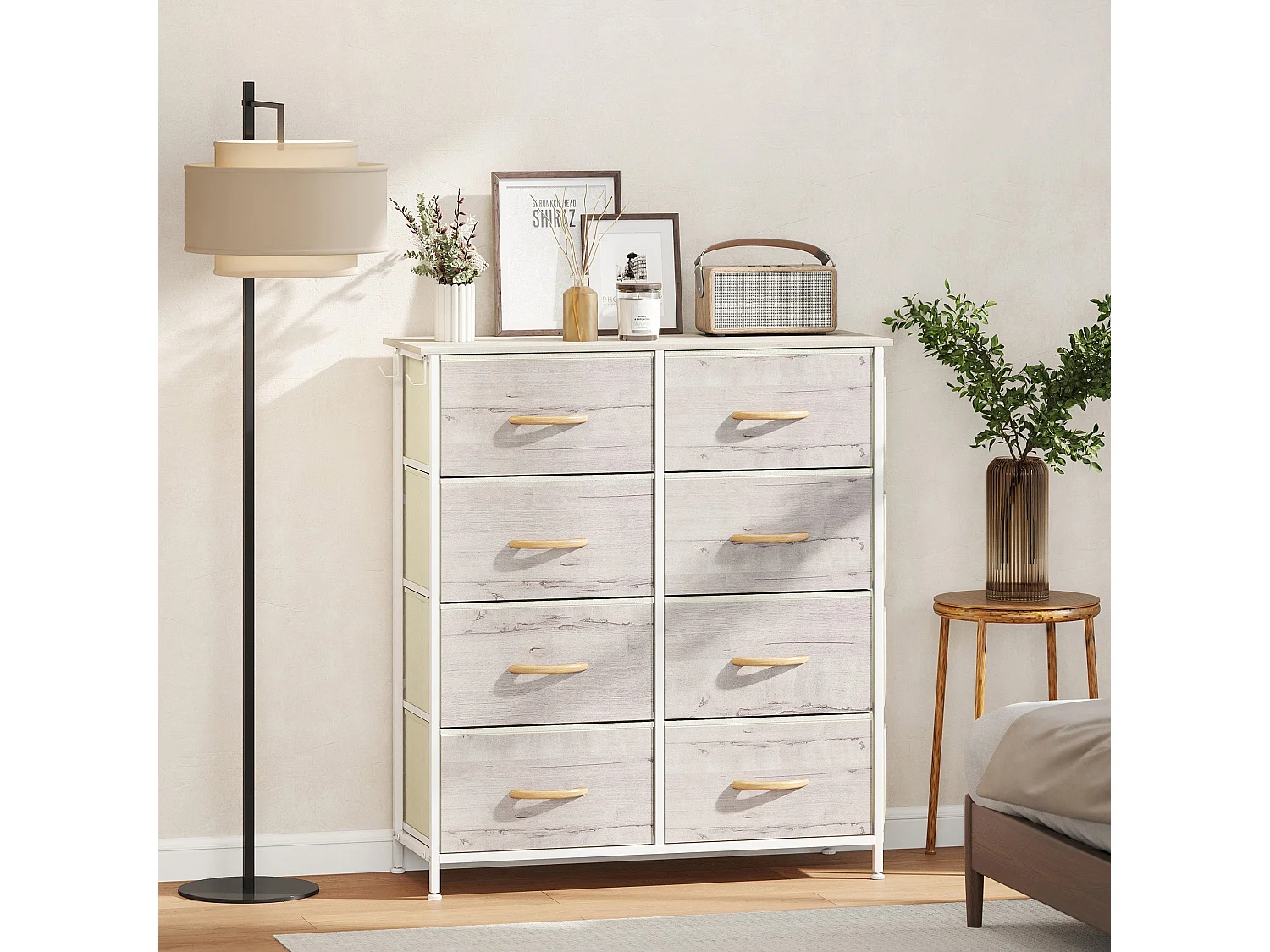 Nokaso 8 Drawer Fabric Chest Natural Wood Finish and White