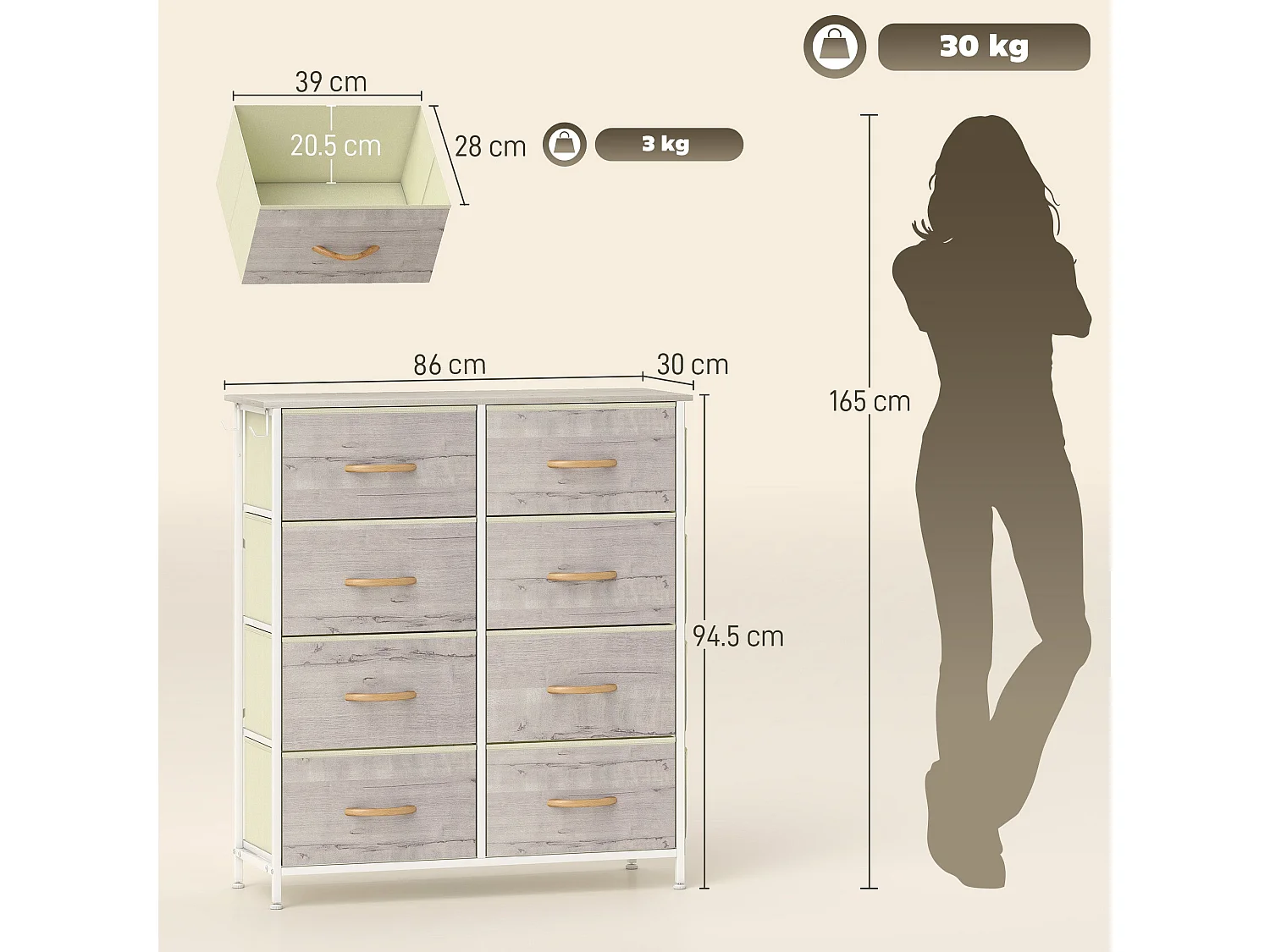 Nokaso 8 Drawer Fabric Chest Natural Wood Finish and White