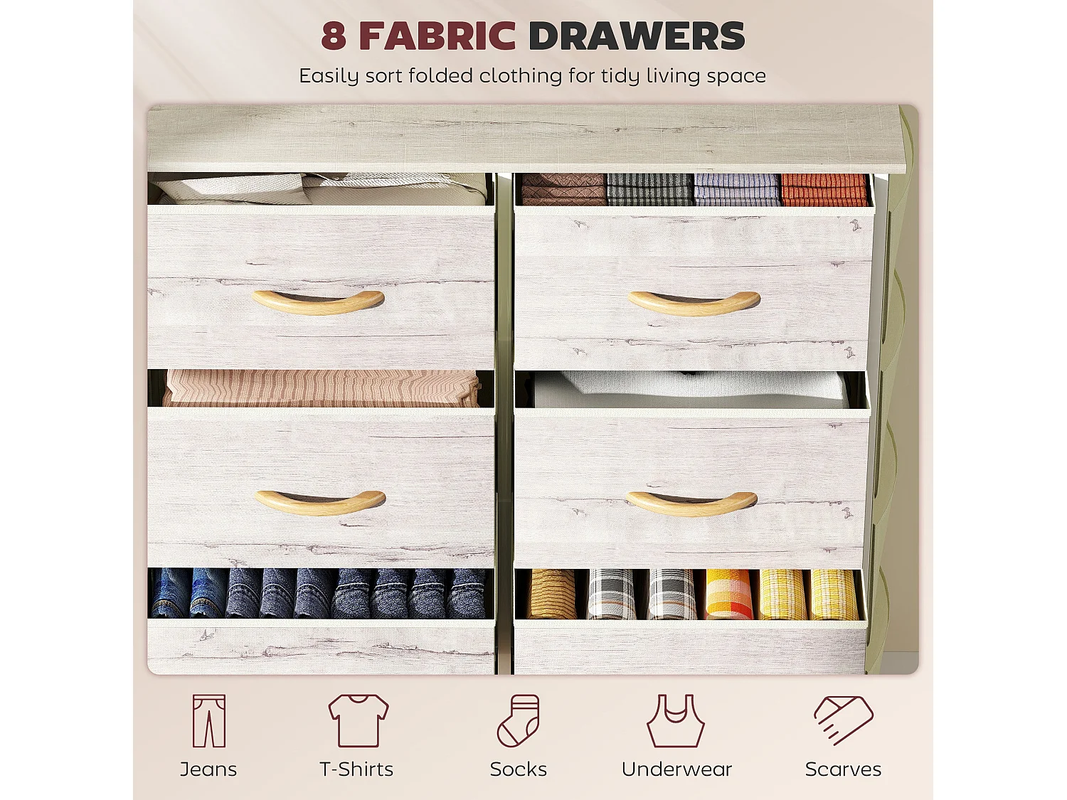 Nokaso 8 Drawer Fabric Chest Natural Wood Finish and White