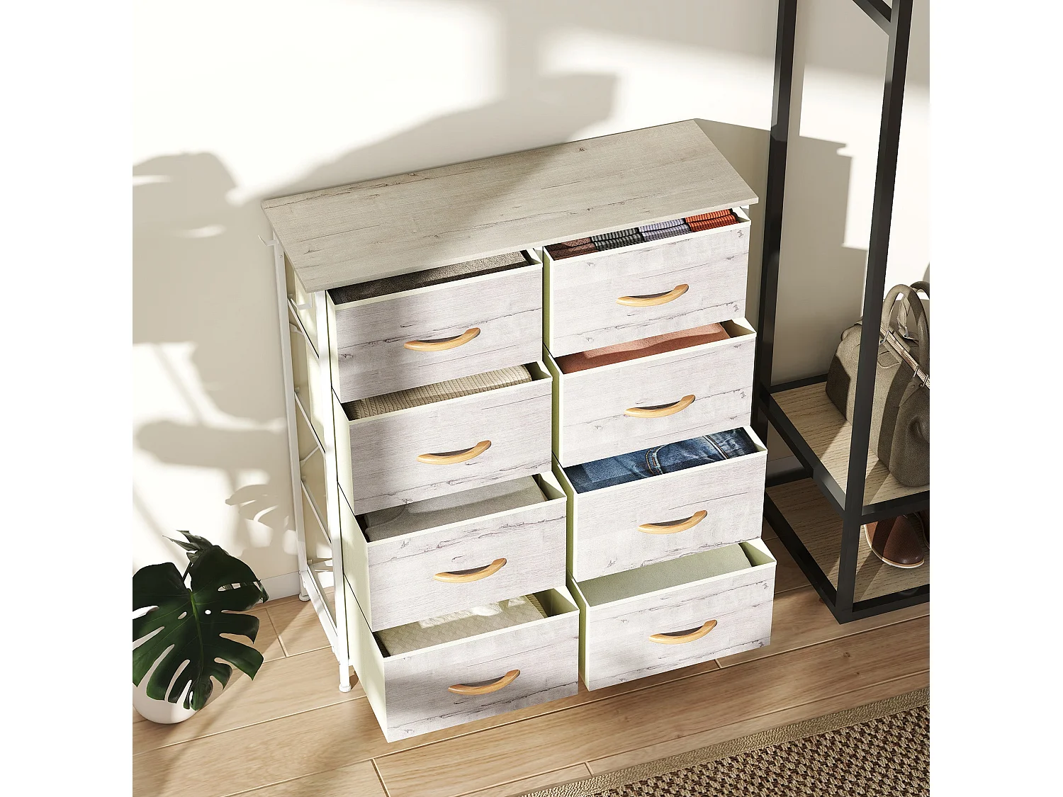 Nokaso 8 Drawer Fabric Chest Natural Wood Finish and White