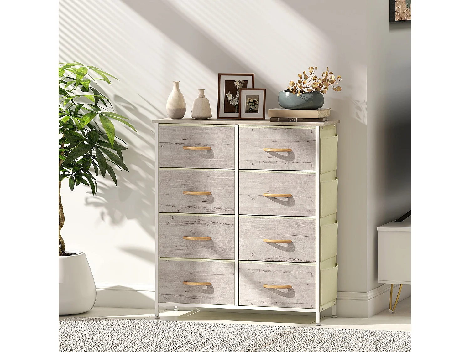 Nokaso 8 Drawer Fabric Chest Natural Wood Finish and White