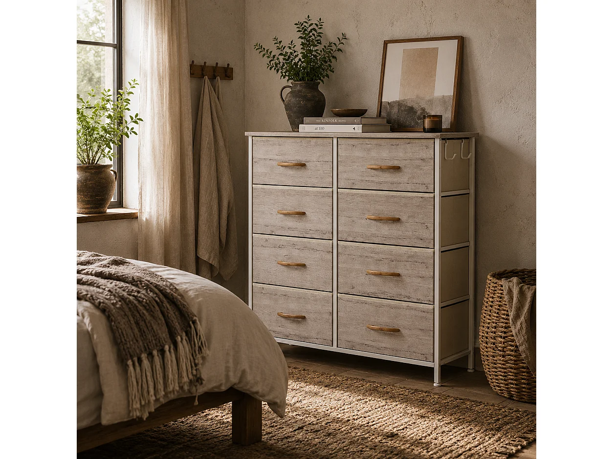 Nokaso 8 Drawer Fabric Chest Natural Wood Finish and White