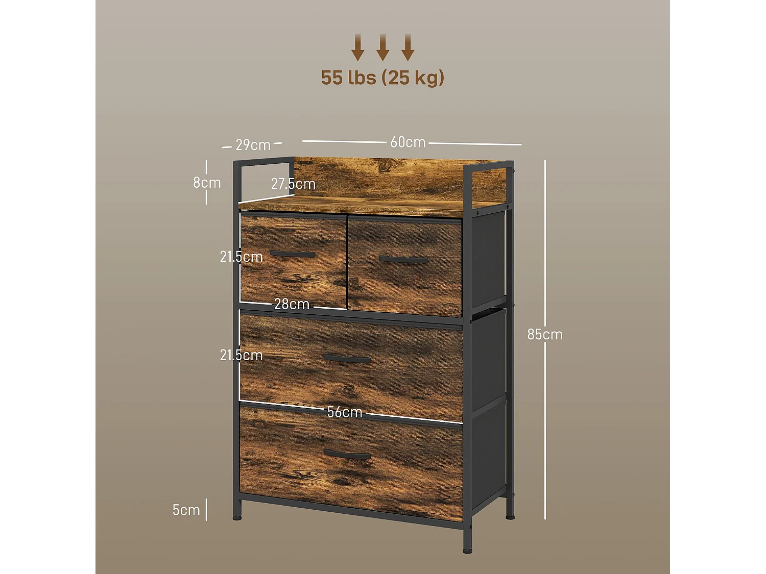 Tolito 4 Drawer Fabric Chest Rustic Brown Metal Frame