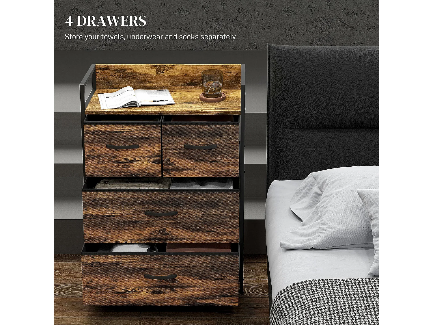 Tolito 4 Drawer Fabric Chest Rustic Brown Metal Frame