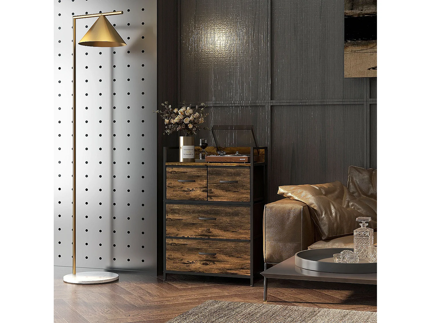 Tolito 4 Drawer Fabric Chest Rustic Brown Metal Frame