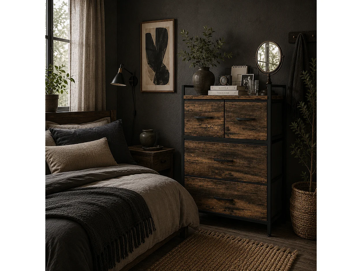 Tolito 4 Drawer Fabric Chest Rustic Brown Metal Frame