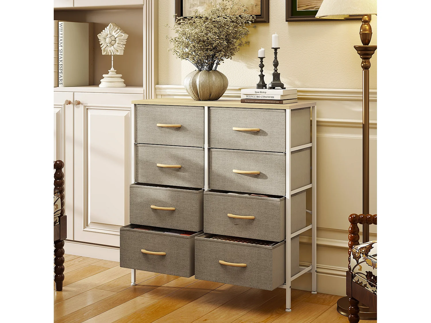 Panora 8 Drawer Industrial Storage Dresser Maple Wood Effect Top Light Grey Fabric Drawers