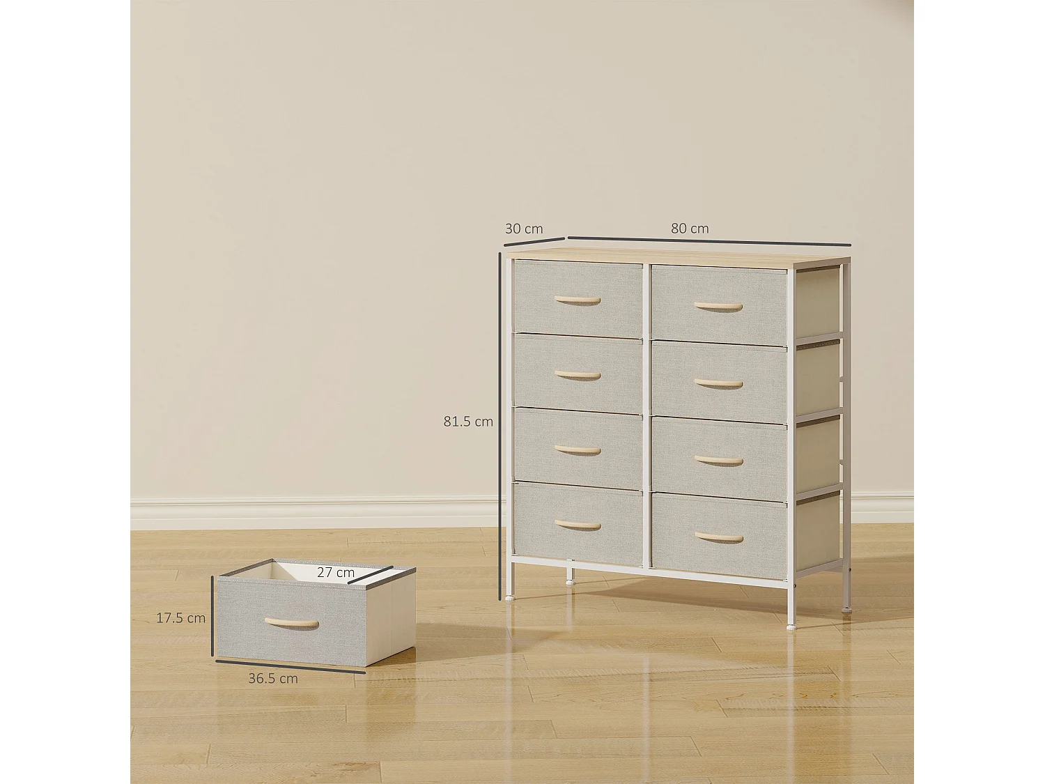 Panora 8 Drawer Industrial Storage Dresser Maple Wood Effect Top Light Grey Fabric Drawers