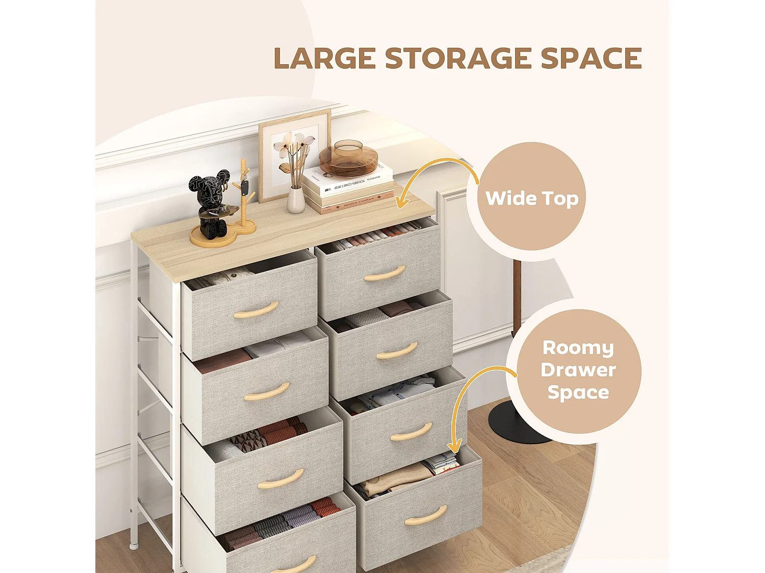 Panora 8 Drawer Industrial Storage Dresser Maple Wood Effect Top Light Grey Fabric Drawers