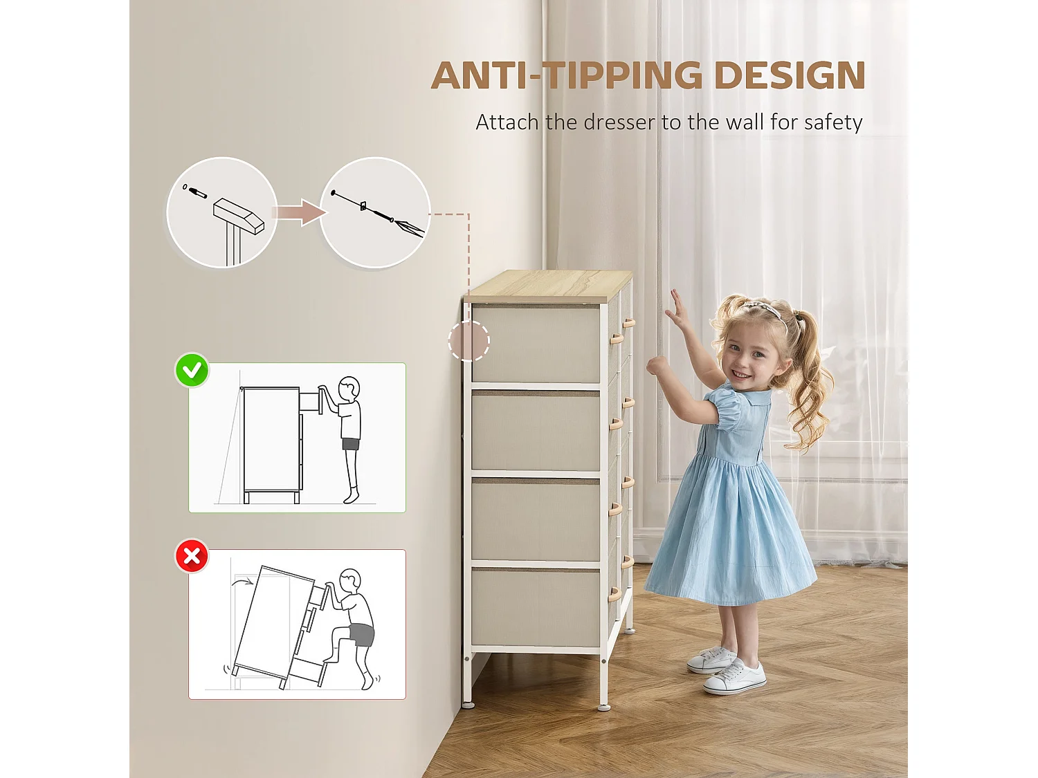 Panora 8 Drawer Industrial Storage Dresser Maple Wood Effect Top Light Grey Fabric Drawers