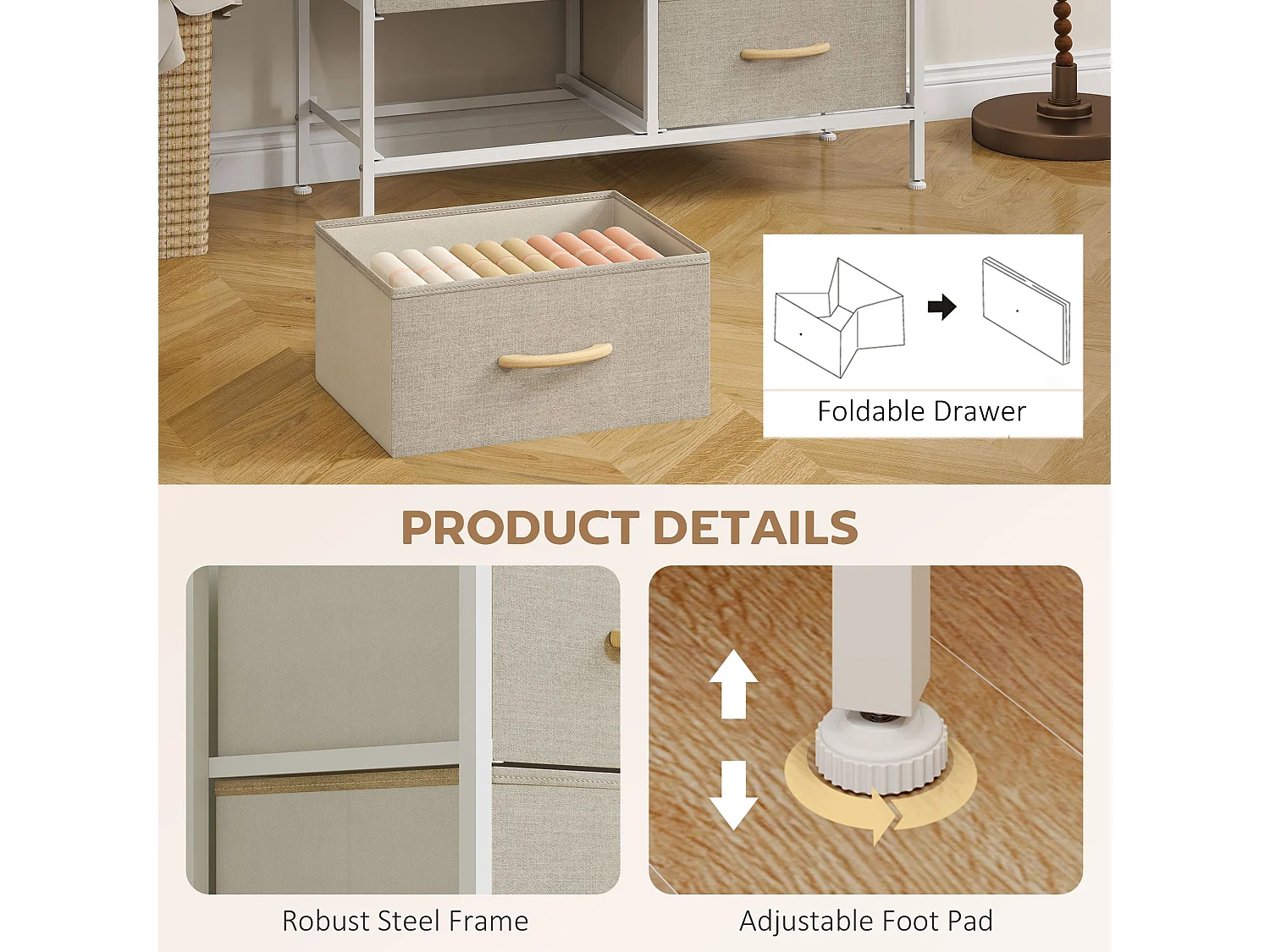 Panora 8 Drawer Industrial Storage Dresser Maple Wood Effect Top Light Grey Fabric Drawers