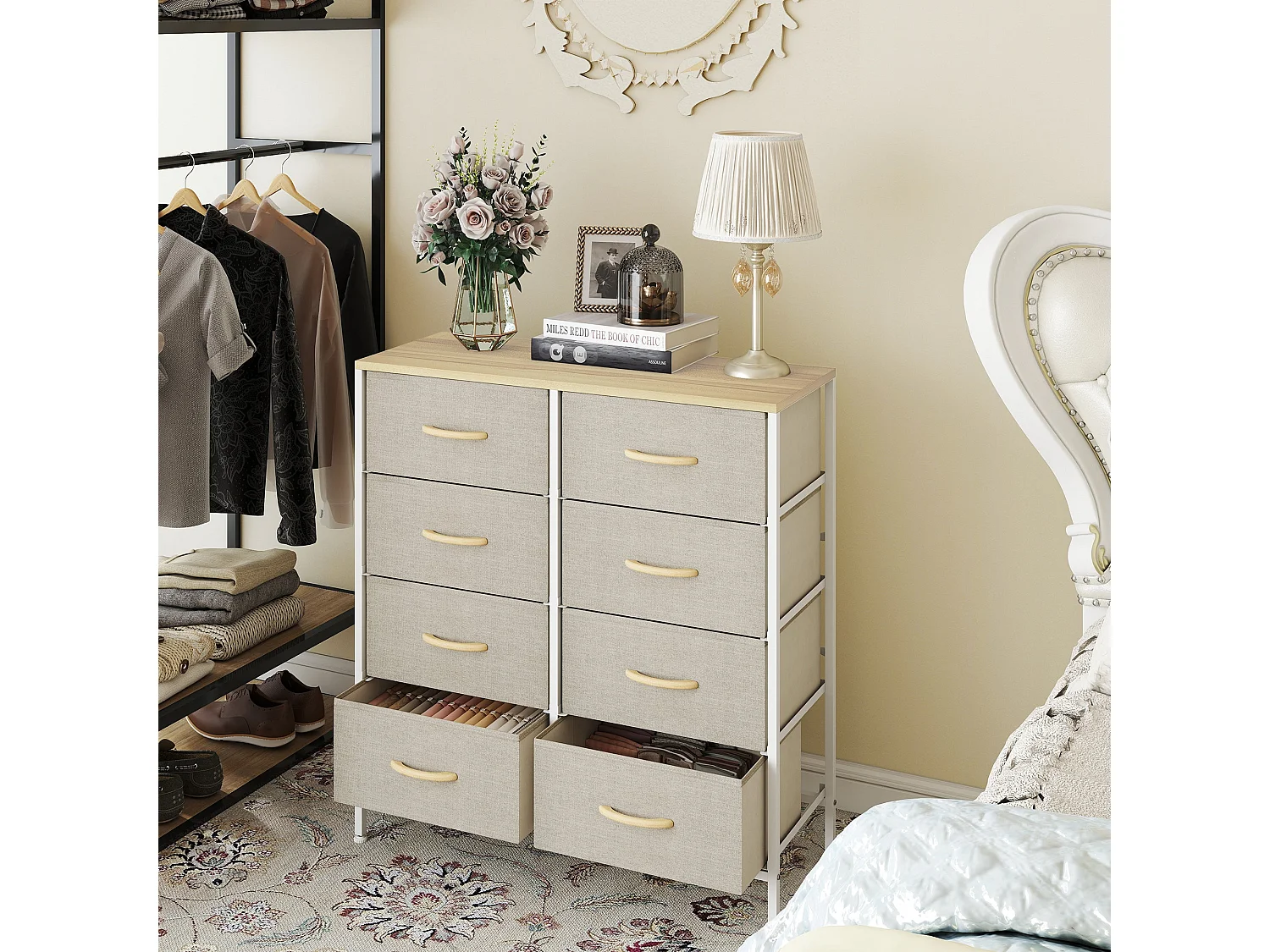 Panora 8 Drawer Industrial Storage Dresser Maple Wood Effect Top Light Grey Fabric Drawers