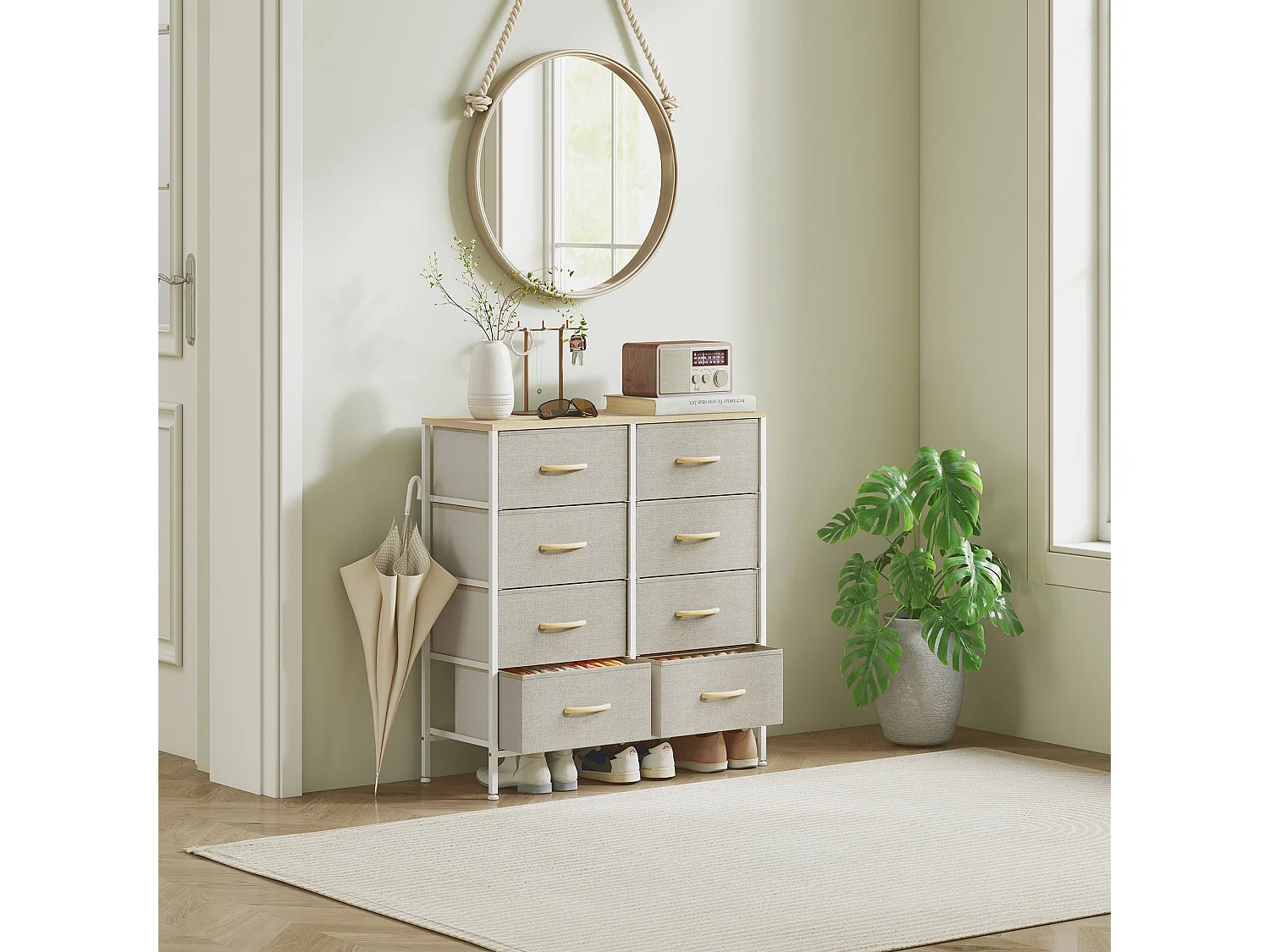 Panora 8 Drawer Industrial Storage Dresser Maple Wood Effect Top Light Grey Fabric Drawers