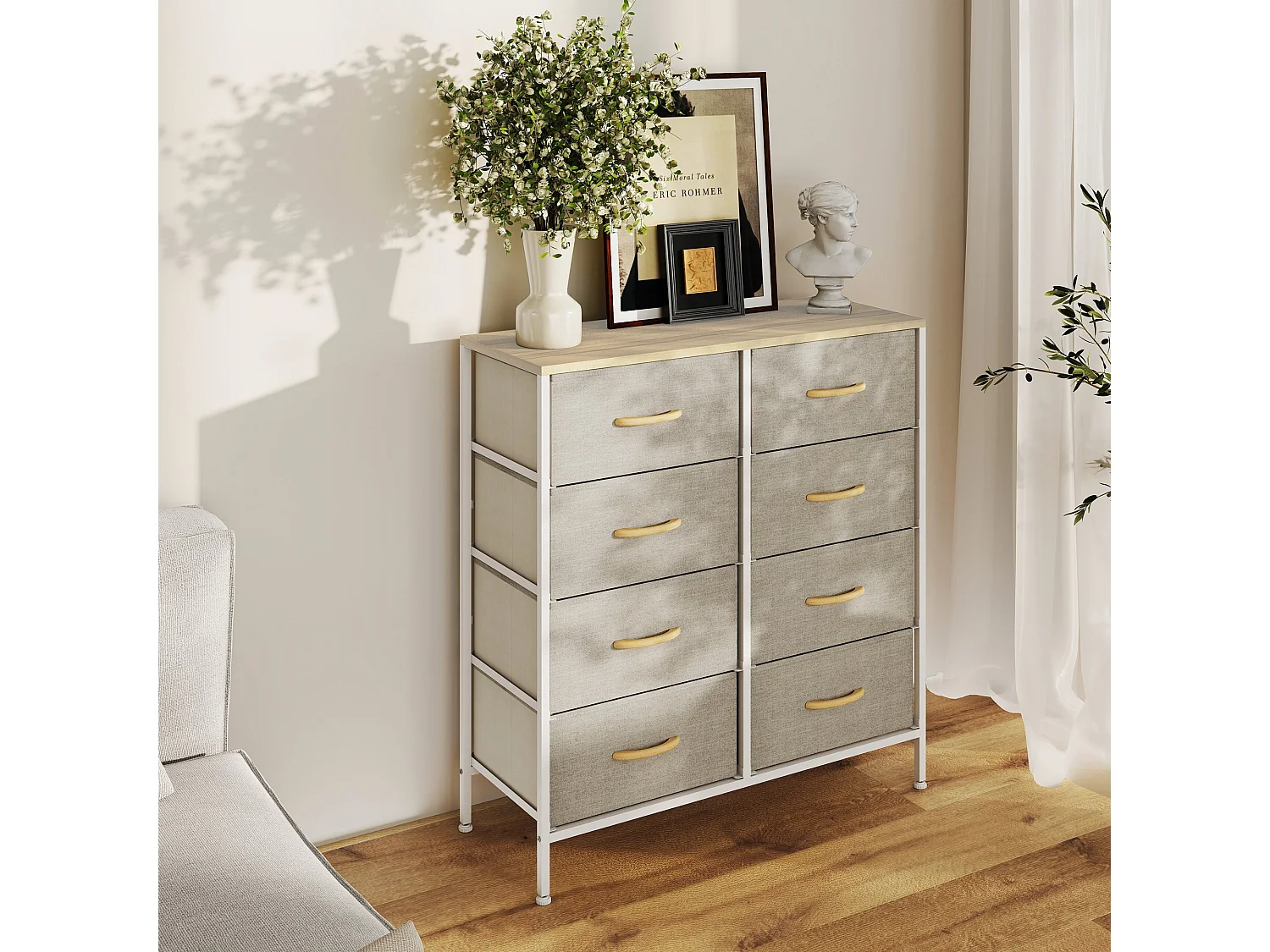 Panora 8 Drawer Industrial Storage Dresser Maple Wood Effect Top Light Grey Fabric Drawers