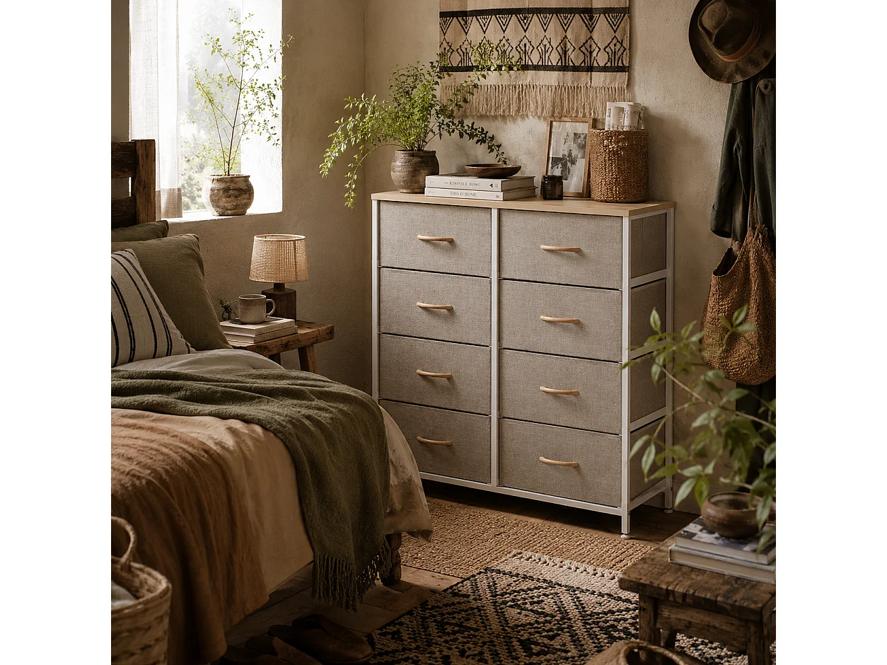 Panora 8 Drawer Industrial Storage Dresser Maple Wood Effect Top Light Grey Fabric Drawers