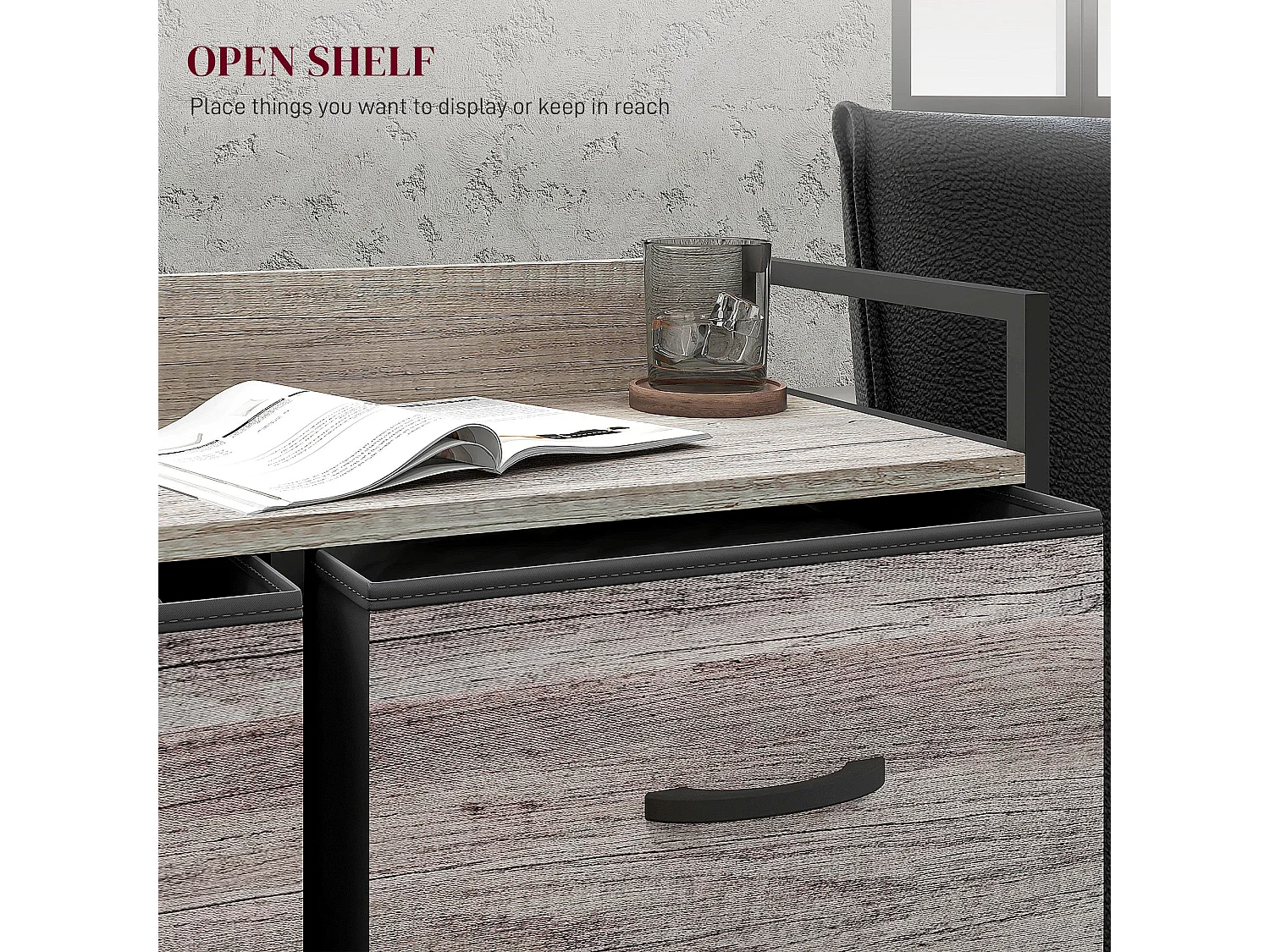 Ferris 6 Drawer Fabric Dresser Grey Wood Effect Black Frame