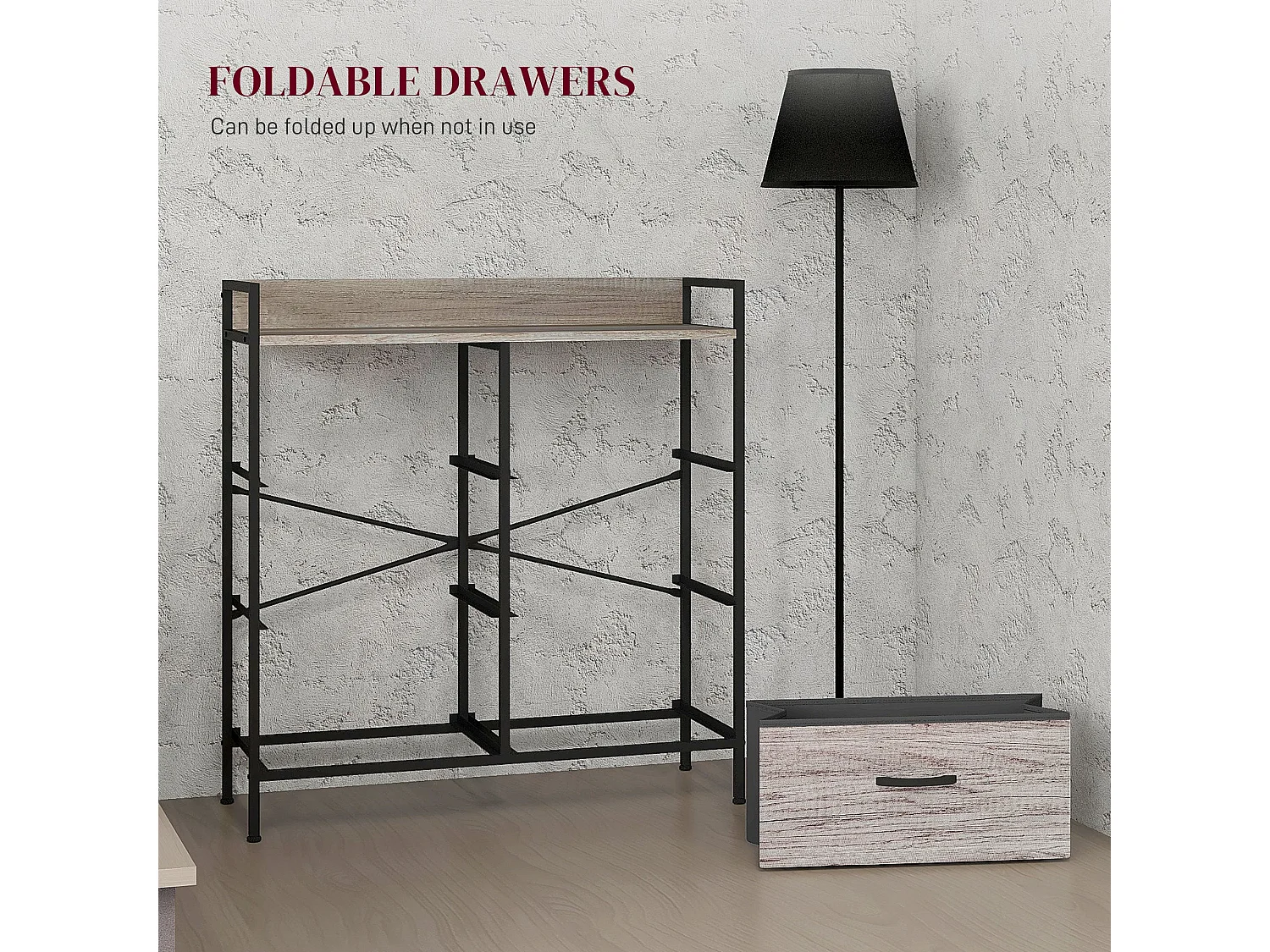 Ferris 6 Drawer Fabric Dresser Grey Wood Effect Black Frame