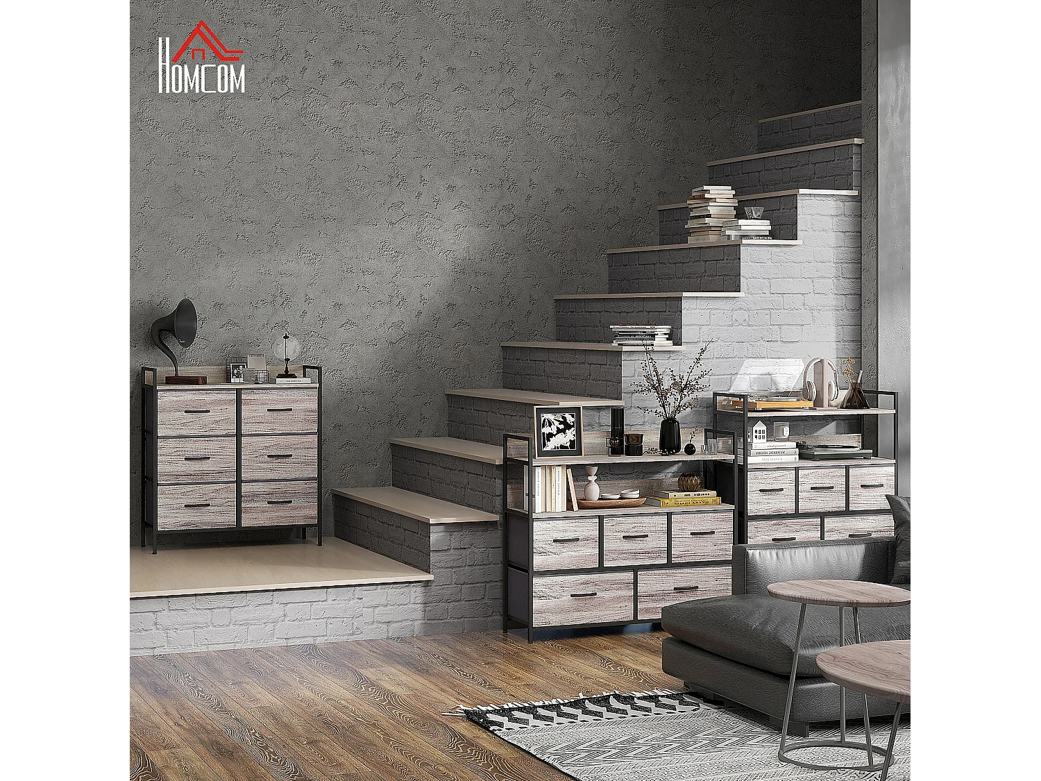 Ferris 6 Drawer Fabric Dresser Grey Wood Effect Black Frame