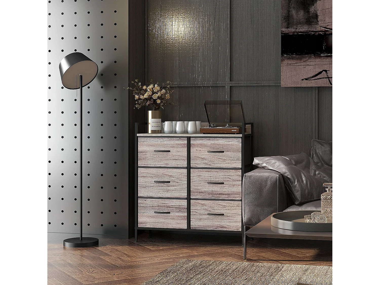 Ferris 6 Drawer Fabric Dresser Grey Wood Effect Black Frame