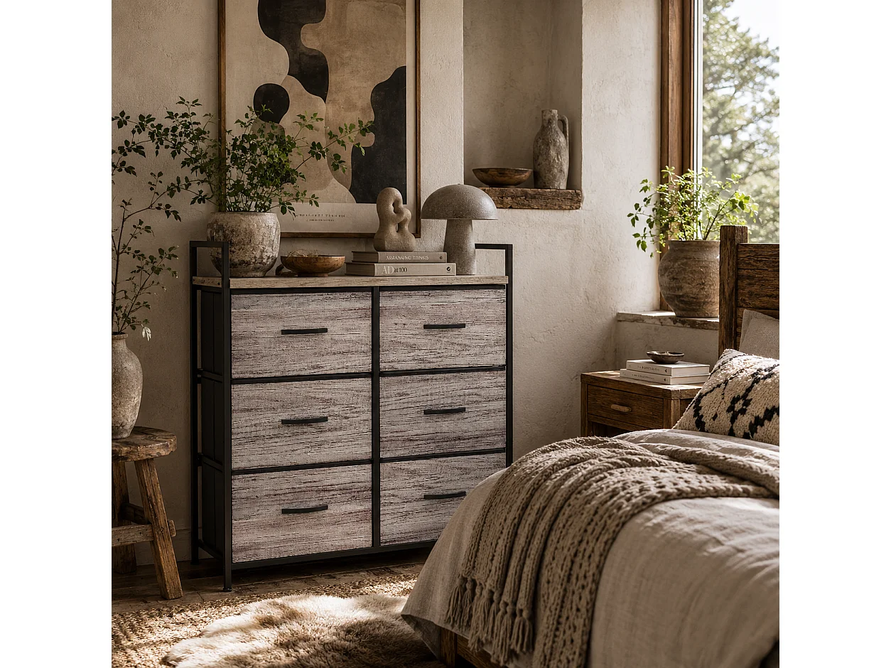 Ferris 6 Drawer Fabric Dresser Grey Wood Effect Black Frame