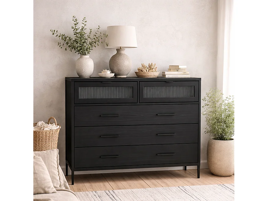 Lou Matt Black 5 Drawer Reeded Wood Storage Chest