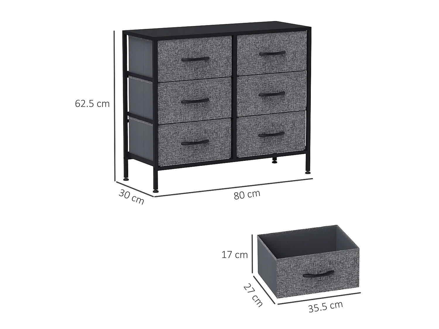 Veroso Black Metal Frame and Grey Fabric 6 Drawer Industrial Dresser
