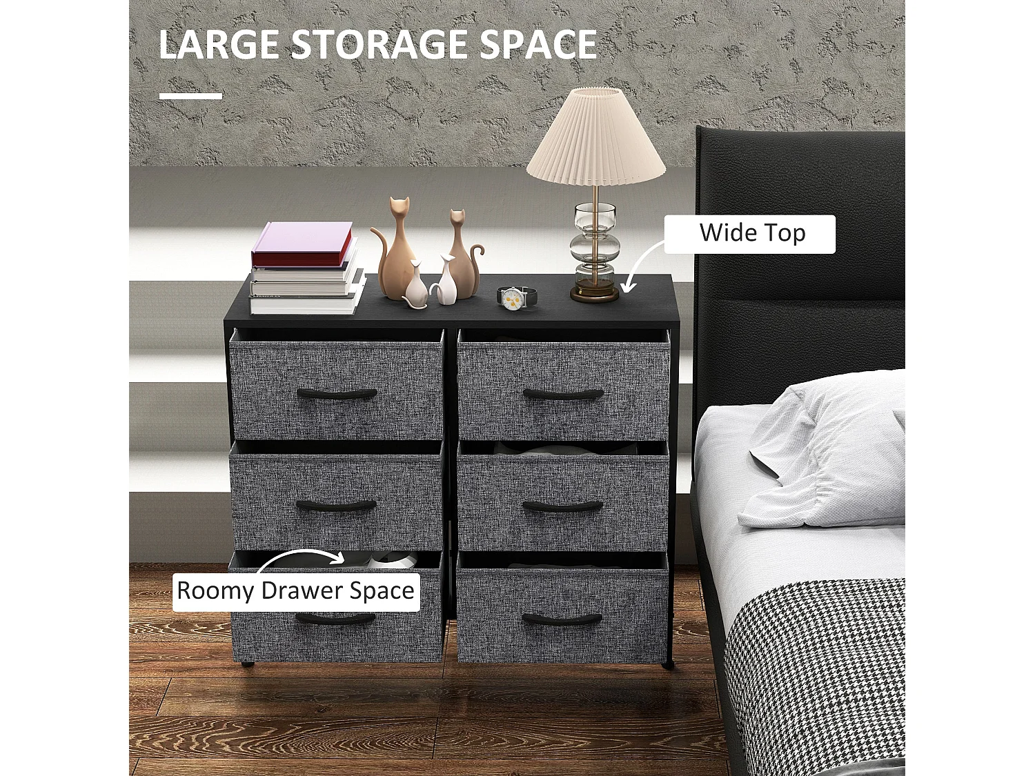 Veroso Black Metal Frame and Grey Fabric 6 Drawer Industrial Dresser