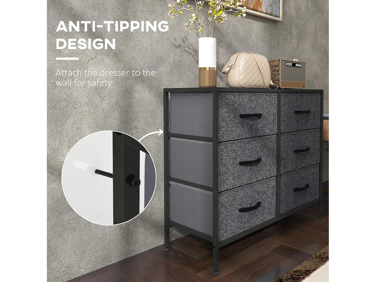 Veroso Black Metal Frame and Grey Fabric 6 Drawer Industrial Dresser