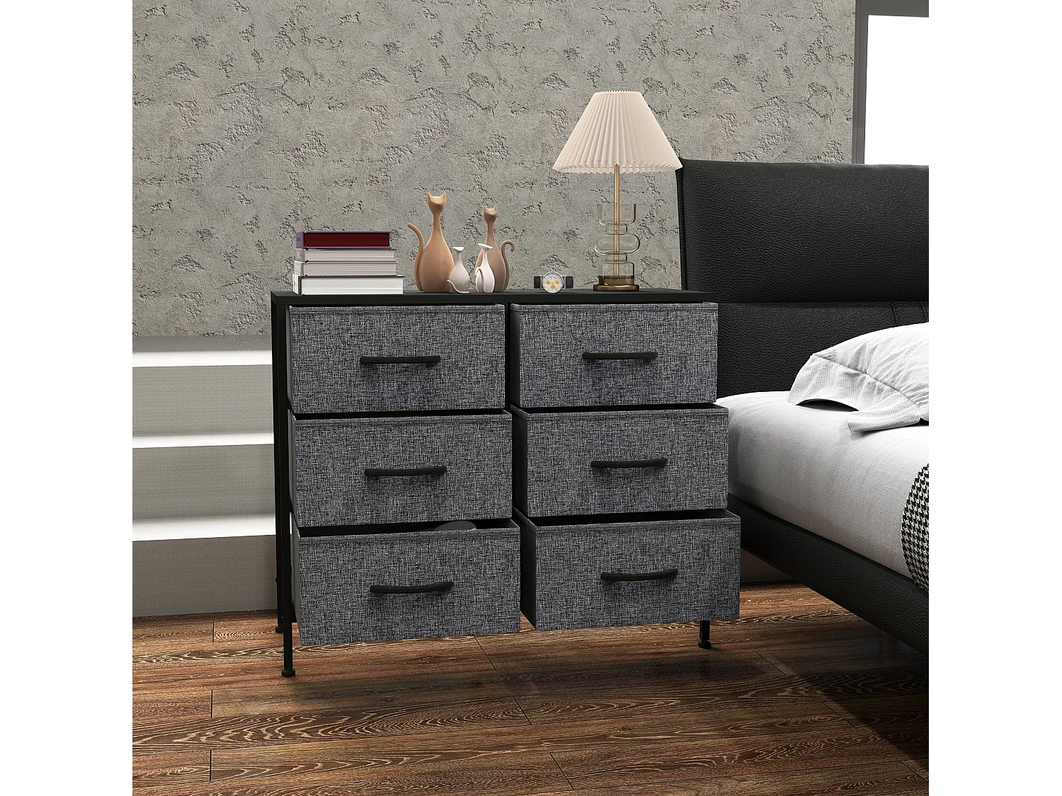 Veroso Black Metal Frame and Grey Fabric 6 Drawer Industrial Dresser