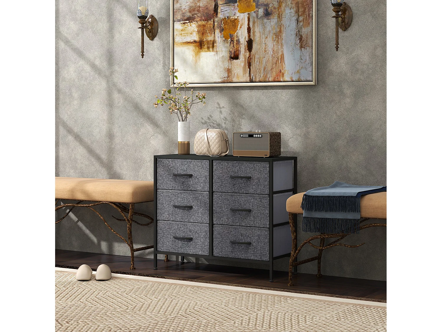 Veroso Black Metal Frame and Grey Fabric 6 Drawer Industrial Dresser