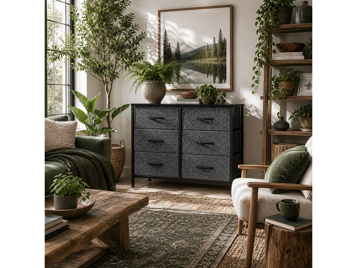 Veroso Black Metal Frame and Grey Fabric 6 Drawer Industrial Dresser