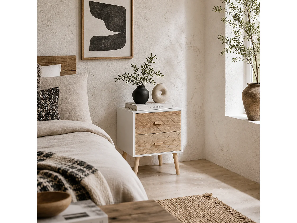 Sutare 2 Drawer Bedside Table White and Natural Wood Finish
