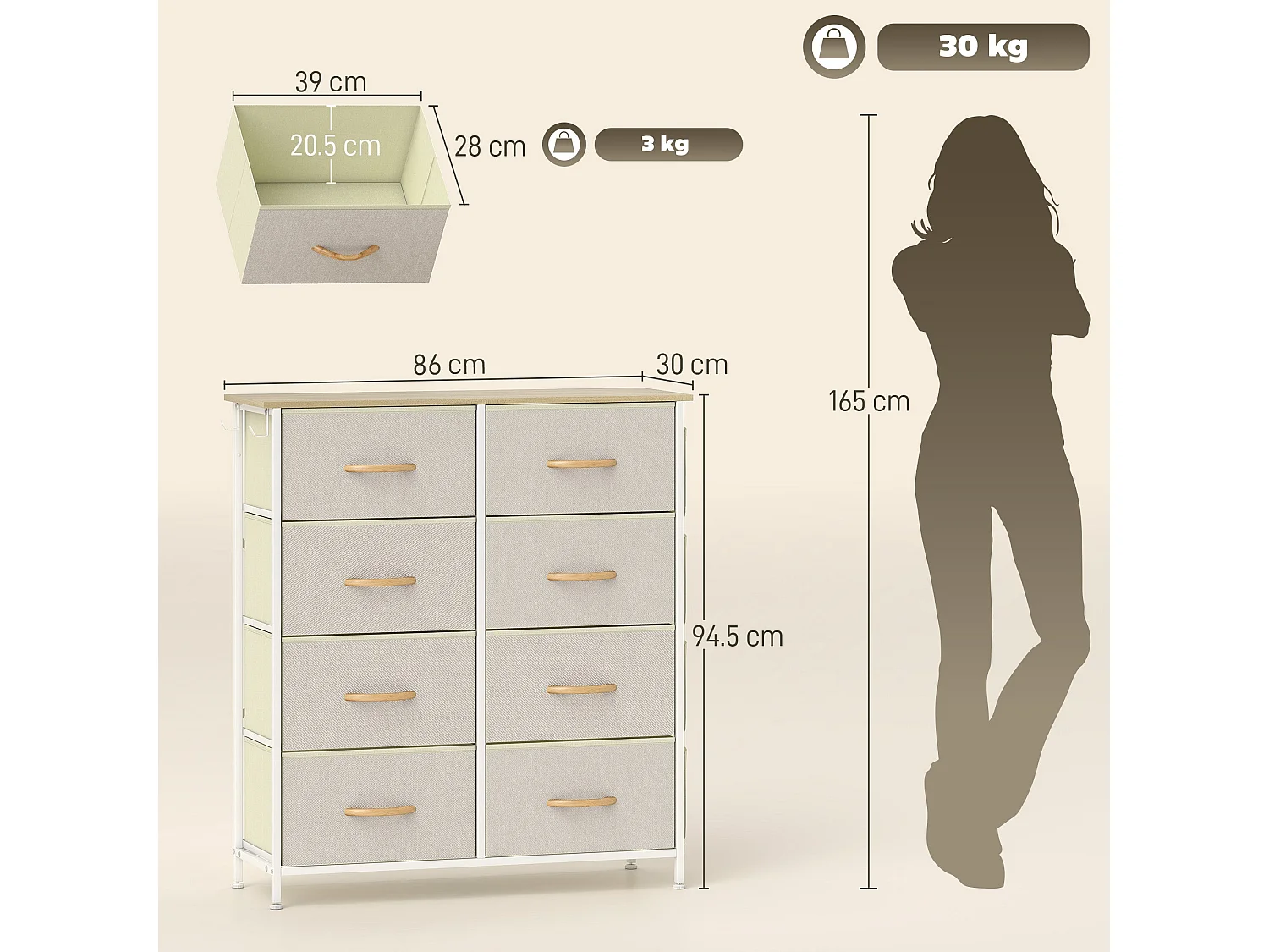 Docone Livi 8 Drawer Fabric and Metal Storage Chest Beige